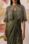 Roqa_Green Gown Modal Satin Embroidery Mirror High Disa Stellar Cape With Draped _Online_at_Aza_Fashions