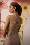 Shop_Roqa_Rose Gold Modal Satin Embroidery Cutdana One Shoulder Jasmine Honeycomb Gown _Online_at_Aza_Fashions