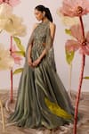 Buy_Roqa_Green Organza Embroidery Juniper Sequin Meadow Gown With Detachable Cape _at_Aza_Fashions