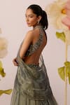 Buy_Roqa_Green Organza Embroidery Juniper Sequin Meadow Gown With Detachable Cape _Online_at_Aza_Fashions