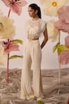 Buy_Roqa_Ivory Cape Net Embroidery Cutdana Round Neck Lunaria Blossom Flared Pant Set _at_Aza_Fashions