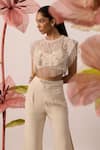 Roqa_Ivory Cape Net Embroidery Cutdana Round Neck Lunaria Blossom Flared Pant Set _Online_at_Aza_Fashions