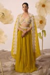 Buy_Roqa_Yellow Blouse Net Embroidery Pearls Magnolia Bloom Cape Lehenga Set  _at_Aza_Fashions