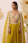 Roqa_Yellow Blouse Net Embroidery Pearls Magnolia Bloom Cape Lehenga Set  _Online_at_Aza_Fashions