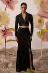 Buy_Roqa_Black Crop Blouse Net Embroidery Beads Mimosa Bloom With Skirt  _at_Aza_Fashions