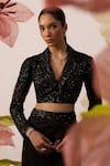 Roqa_Black Crop Blouse Net Embroidery Beads Spread Collar Mimosa Bloom With Skirt _Online_at_Aza_Fashions