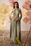 Buy_Roqa_Green Modal Satin Embroidery Peony Cutdana Draped Gown With Stole  _at_Aza_Fashions