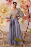 Buy_Roqa_Blue Jacket And Bustier Net Embroidery Beads Petunia Bloom Flared Pant Set _at_Aza_Fashions