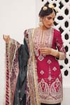 Shop_Mayyur Girotra Couture_Wine Silk Embroidery Zari Round Neck Paisley Kurta Pajama Pant Set  _at_Aza_Fashions