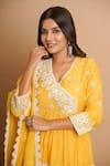 Shop_Gulabik Jaipur_Yellow Handloom Chanderi Embellished Floral Mirror Tiered Anarkali Set  _at_Aza_Fashions