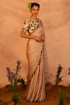 Buy_AAMRA BY LAVANYA_Beige Satin Hand Embroidery Stripe Round Saree With Blouse  _at_Aza_Fashions