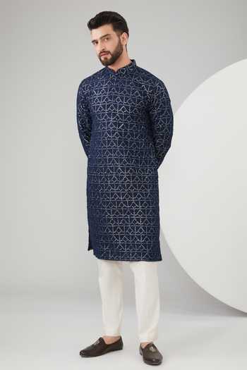 Buy_Kasbah_Blue Silk, Cotton Sequins, Embroidery And Thread Kurta Set _at_Aza_Fashions