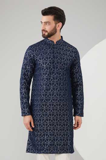 Kasbah_Blue Silk, Cotton Sequins, Embroidery And Thread Kurta Set _Online_at_Aza_Fashions