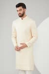 Kasbah_Beige Silk Embroidered Thread Sherwani Set _Online_at_Aza_Fashions