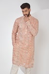 Buy_Kasbah_Peach Georgette Embroidery Sequins Geometric Kurta Set _Online_at_Aza_Fashions