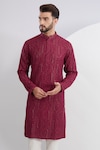 Kasbah_Maroon Silk Embroidered Thread Wave Kurta_Online_at_Aza_Fashions