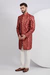 Buy_Kasbah_Maroon Silk Metallic Thread Leather Patchwork Sherwani Set _at_Aza_Fashions