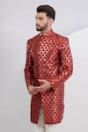 Kasbah_Maroon Silk Metallic Thread Leather Patchwork Sherwani Set _Online_at_Aza_Fashions