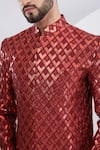 Buy_Kasbah_Maroon Silk Metallic Thread Leather Patchwork Sherwani Set _Online_at_Aza_Fashions