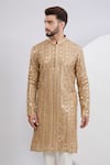 Kasbah_Beige Georgette Embroidered Thread Stripe Kurta_Online_at_Aza_Fashions