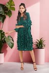 Buy_Crimp_Emerald Green 100% Polyester Textured V-neck Claire Ruffled Dress _Online_at_Aza_Fashions