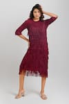 Buy_Crimp_Red 100% Polyester Textured Round Seirra Fringed Dress _at_Aza_Fashions