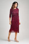 Crimp_Red 100% Polyester Textured Round Seirra Fringed Dress _Online_at_Aza_Fashions