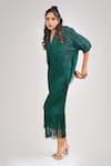 Crimp_Emerald Green 100% Polyester Textured V-neck Neo Sophie Draped Dress _Online_at_Aza_Fashions