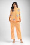 Buy_Crimp_Yellow 100% Polyester Textured Dot Band Collar Rosette Print Shirt With Pant _at_Aza_Fashions