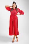 Buy_Crimp_Maroon Polyester Ruffles V-neck Platina Textured Fringed Dress _at_Aza_Fashions