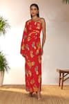 Masaba_Red Crepe Silk Printed Tangy One Shoulder Kaftan Dress_Online_at_Aza_Fashions