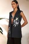 Masaba_Black 100% Cotton Printed Tropicool Blazer Notched Sleeveless With Bustier_at_Aza_Fashions
