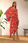 Buy_Masaba_Red Crepe Silk Printed Floral V Neck Jam And Toast Asymmetric Kaftan_at_Aza_Fashions
