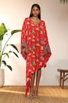 Masaba_Red Crepe Silk Printed Floral V Neck Jam And Toast Asymmetric Kaftan_Online_at_Aza_Fashions