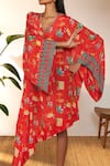 Shop_Masaba_Red Crepe Silk Printed Floral V Neck Jam And Toast Asymmetric Kaftan_Online_at_Aza_Fashions