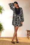 Buy_Masaba_Black Crepe Silk Printed Checkmate Round Tie-up And Embroidered Mini Dress _Online_at_Aza_Fashions