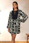 Shop_Masaba_Black Crepe Silk Printed Checkmate Round Tie-up And Embroidered Mini Dress_Online_at_Aza_Fashions