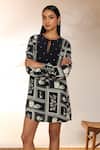 Masaba_Black Crepe Silk Printed Checkmate Round Tie-up And Embroidered Mini Dress_at_Aza_Fashions