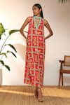 Buy_Masaba_Red Georgette Printed Checkmate Band Neck Maxi Dress _at_Aza_Fashions