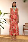 Masaba_Red Georgette Printed Checkmate Band Neck Maxi Dress _Online_at_Aza_Fashions