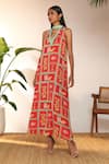 Buy_Masaba_Red Georgette Printed Checkmate Band Neck Maxi Dress _Online_at_Aza_Fashions