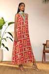 Shop_Masaba_Red Georgette Printed Checkmate Band Neck Maxi Dress _Online_at_Aza_Fashions