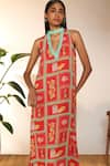 Masaba_Red Georgette Printed Checkmate Band Neck Maxi Dress _at_Aza_Fashions