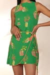 Shop_Masaba_Green Georgette Printed Tangy Zero Neck Mini Wrap Dress_Online_at_Aza_Fashions