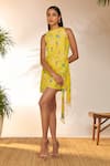 Shop_Masaba_Yellow Crepe Silk Printed Jam And Toast Round & Mini Wrap Dress_Online_at_Aza_Fashions