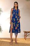 Masaba_Blue Crepe Silk Printed Tangy V Neck Midi Dress _Online_at_Aza_Fashions