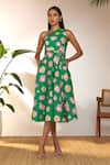 Buy_Masaba_Green 100% Cotton Printed Special Cutting One Shoulder Dress _at_Aza_Fashions