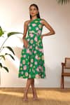 Masaba_Green 100% Cotton Printed Special Cutting One Shoulder Dress _Online_at_Aza_Fashions