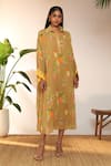 Masaba_Beige Georgette Printed Tangy Shirt Collar Midi Kaftan _Online_at_Aza_Fashions