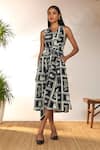 Buy_Masaba_Black Crepe Silk Printed Checkmate V Neck Midi Dress_Online_at_Aza_Fashions